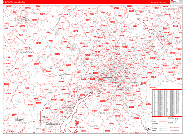 Delaware Valley Metro Area Digital Map Red Line Style